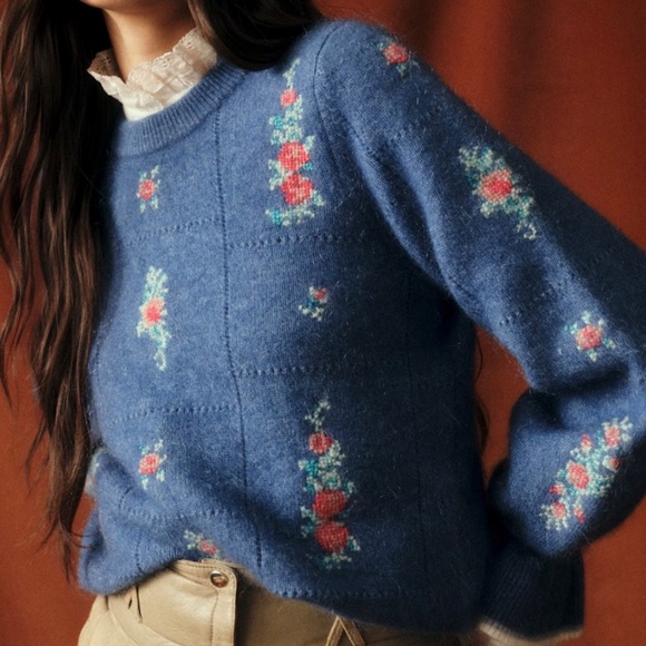 Sezane Mathieu Jumper - Sézane X Baziszt Jacquard With Blue Background - Size S - Picture 2 of 4